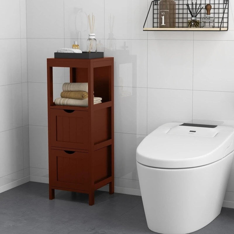 Meuble de Rangement au Sol pour Salle de Bain, Gris / Marron / Blanc, 2 Tiroirs, Montage par 1 Personne