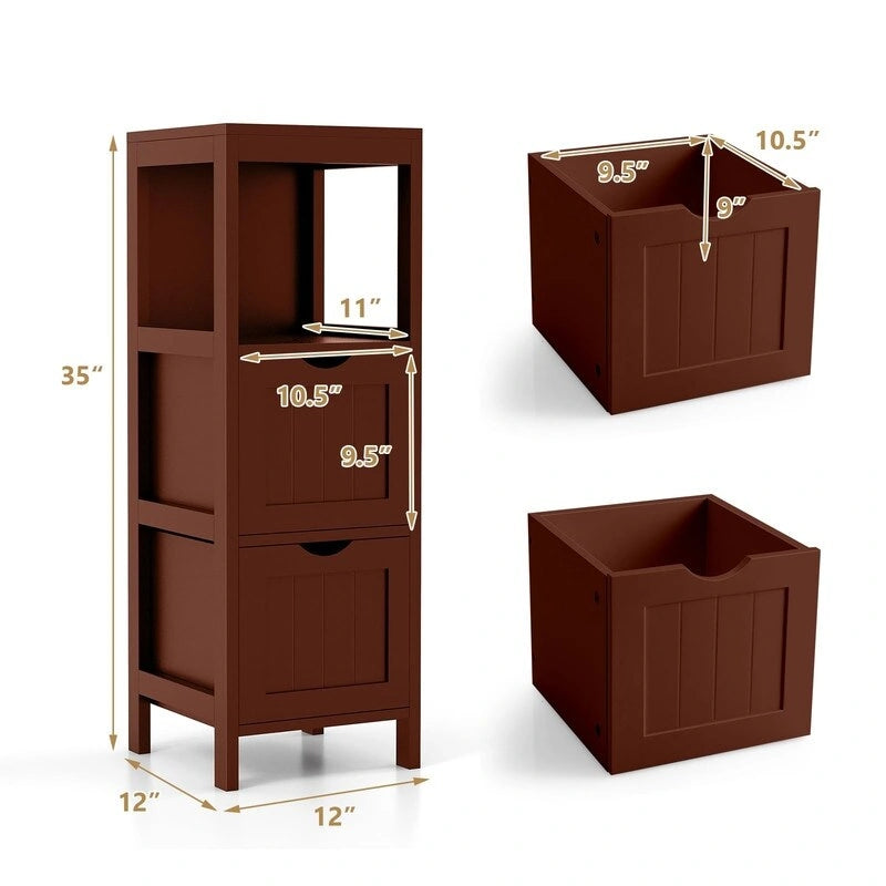Meuble de Rangement au Sol pour Salle de Bain, Gris / Marron / Blanc, 2 Tiroirs, Montage par 1 Personne