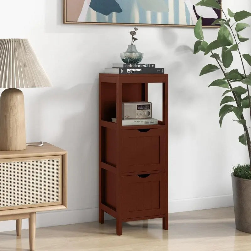 Meuble de Rangement au Sol pour Salle de Bain, Gris / Marron / Blanc, 2 Tiroirs, Montage par 1 Personne