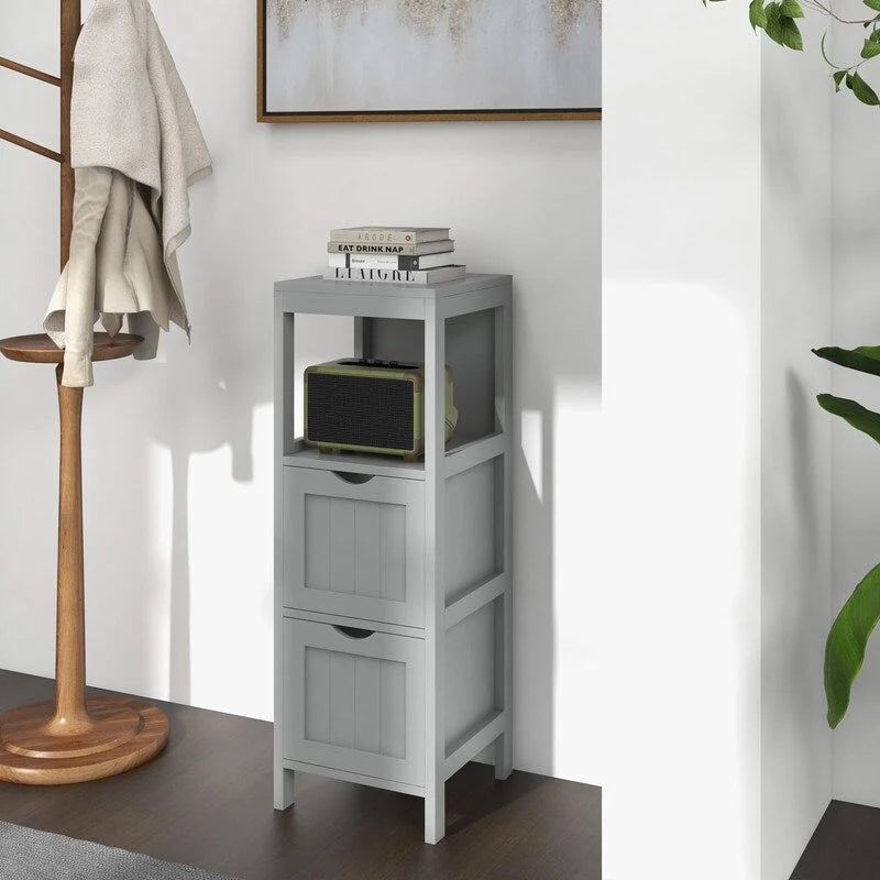 Meuble de Rangement au Sol pour Salle de Bain, Gris / Marron / Blanc, 2 Tiroirs, Montage par 1 Personne