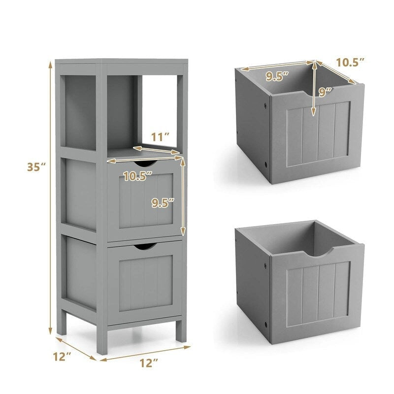 Meuble de Rangement au Sol pour Salle de Bain, Gris / Marron / Blanc, 2 Tiroirs, Montage par 1 Personne