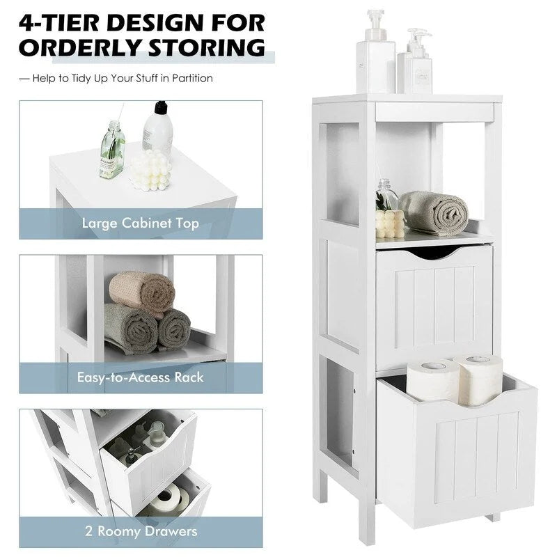 Meuble de Rangement au Sol pour Salle de Bain, Gris / Marron / Blanc, 2 Tiroirs, Montage par 1 Personne