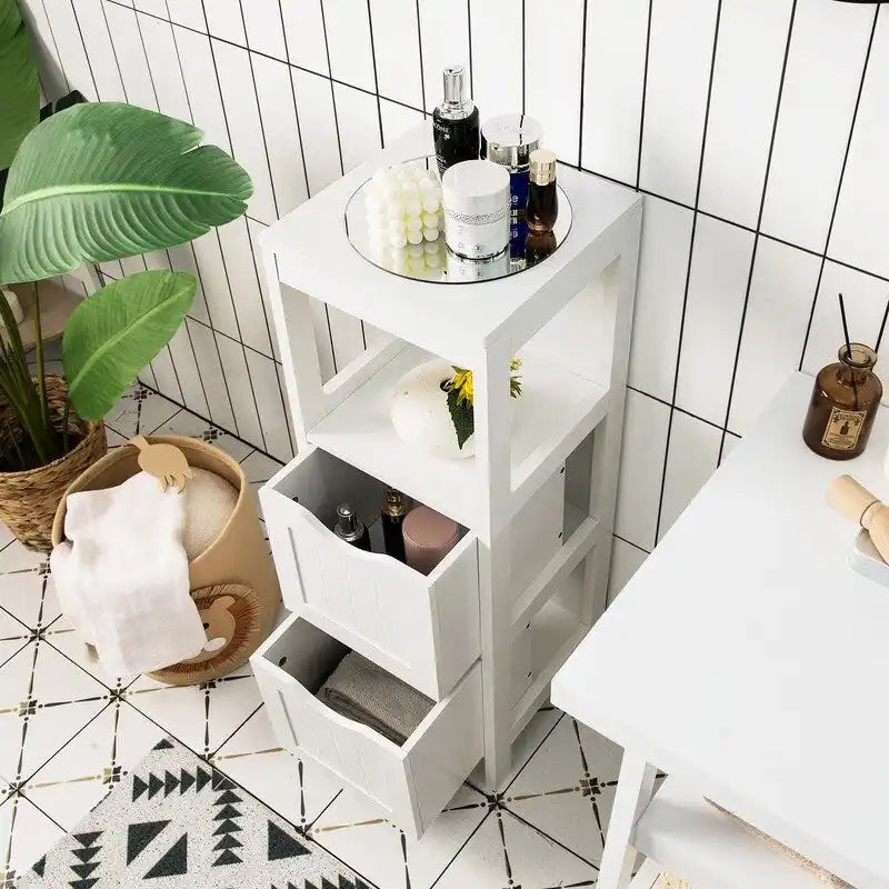 Meuble de Rangement au Sol pour Salle de Bain, Gris / Marron / Blanc, 2 Tiroirs, Montage par 1 Personne
