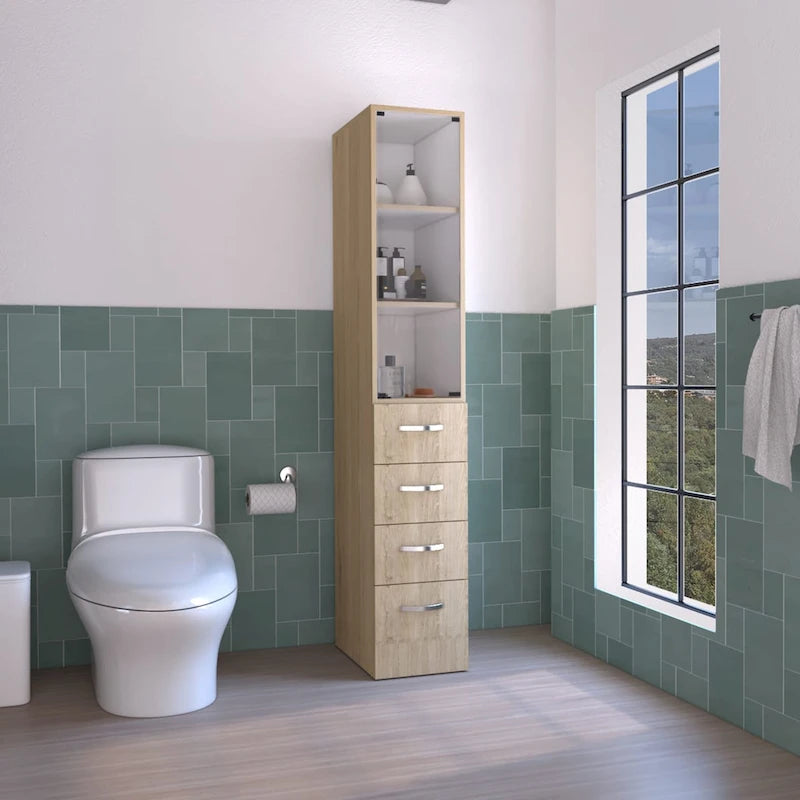 Meuble de Rangement pour Linge Peint Blanc/Pin Clair avec Porte Vitrée, 3 Étagères et 4 Tiroirs, Simple