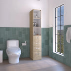 Meuble de Rangement pour Linge Peint Blanc/Pin Clair avec Porte Vitrée, 3 Étagères et 4 Tiroirs, Simple