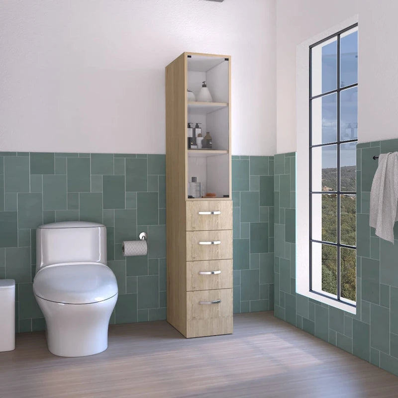 Modern Linen Cabinet for Bathroom, Three Shelves,Four Drawers -Light Pine/White