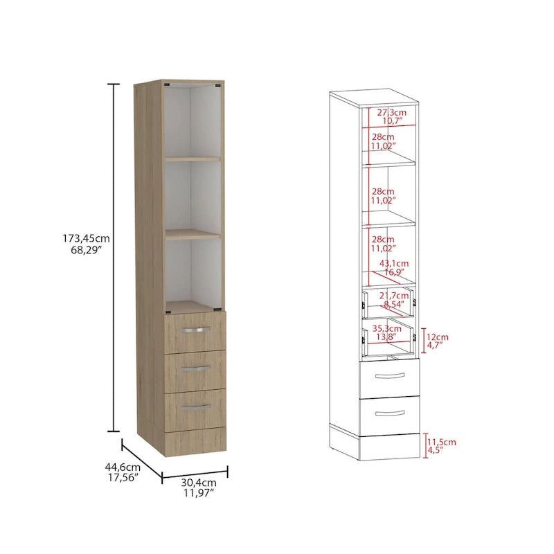 Meuble de Rangement pour Linge Peint Blanc/Pin Clair avec Porte Vitrée, 3 Étagères et 4 Tiroirs, Simple
