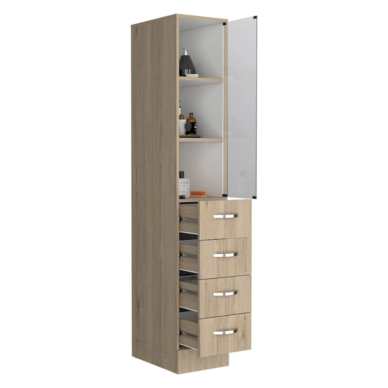 Meuble de Rangement pour Linge Peint Blanc/Pin Clair avec Porte Vitrée, 3 Étagères et 4 Tiroirs, Simple