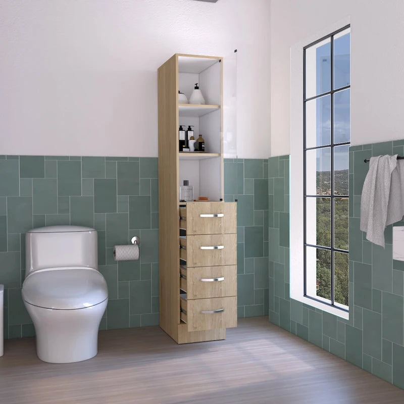 Meuble de Rangement pour Linge Peint Blanc/Pin Clair avec Porte Vitrée, 3 Étagères et 4 Tiroirs, Simple