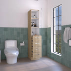 Meuble de Rangement pour Linge Peint Blanc/Pin Clair avec Porte Vitrée, 3 Étagères et 4 Tiroirs, Simple