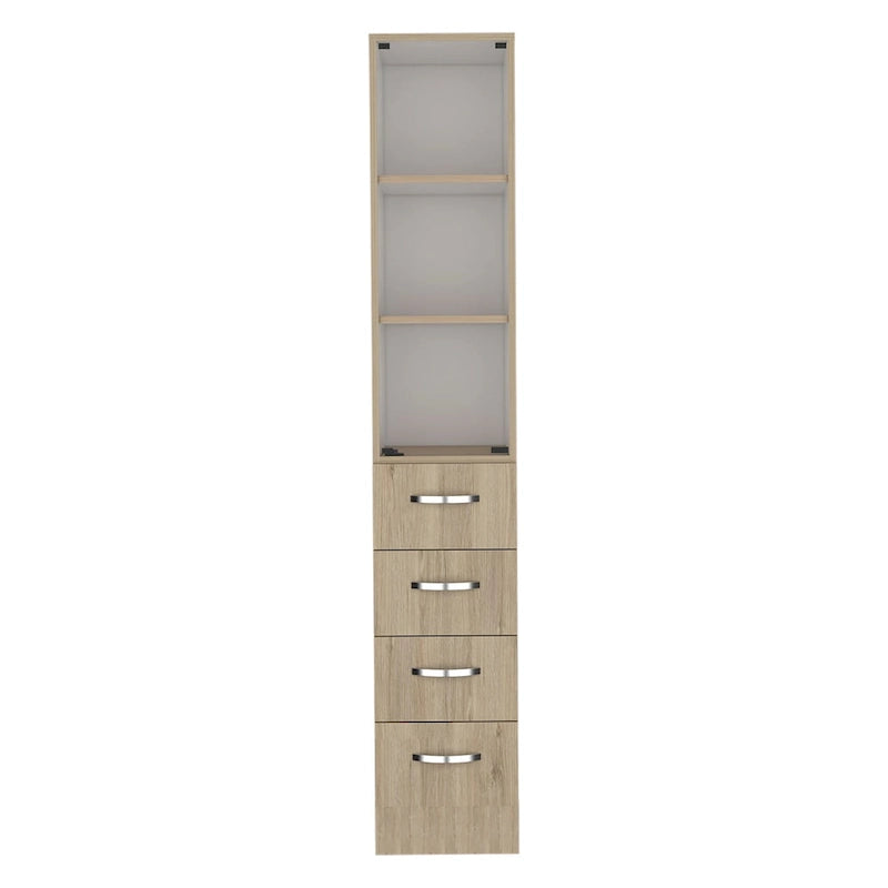 Meuble de Rangement pour Linge Peint Blanc/Pin Clair avec Porte Vitrée, 3 Étagères et 4 Tiroirs, Simple