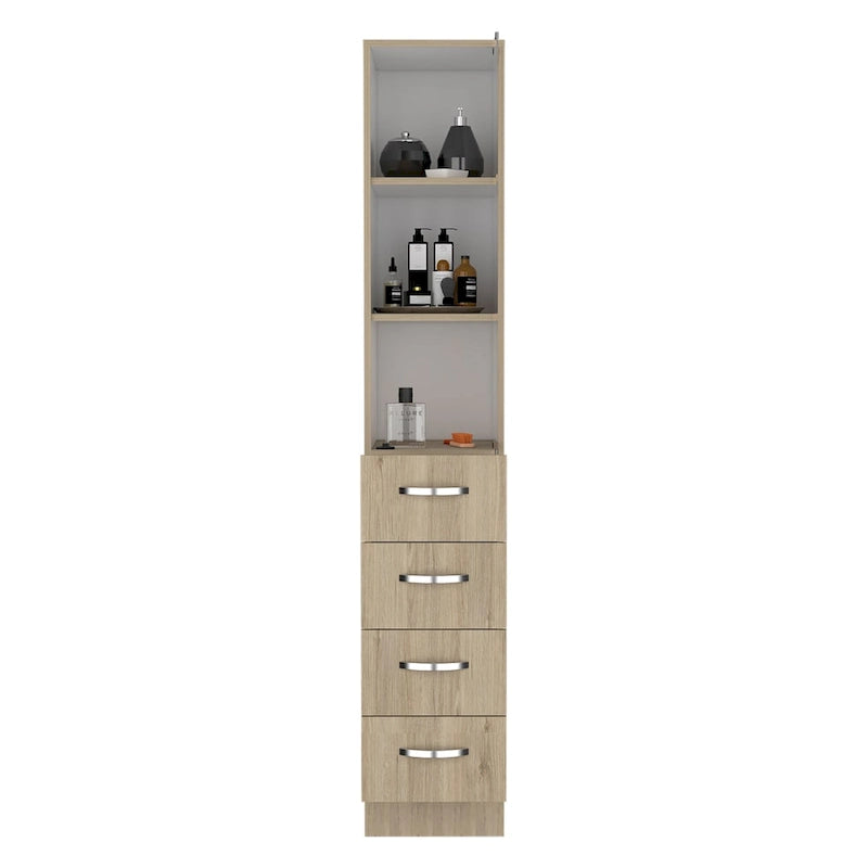 Meuble de Rangement pour Linge Peint Blanc/Pin Clair avec Porte Vitrée, 3 Étagères et 4 Tiroirs, Simple