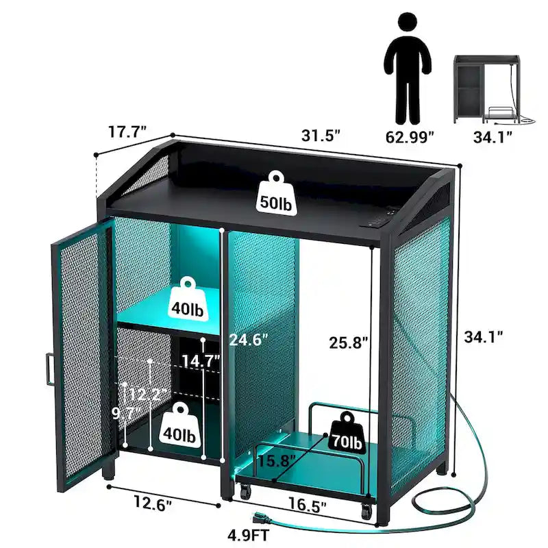 Meuble de rangement chêne gris / marron / noir avec prise électrique et ports USB, pour 1 personne