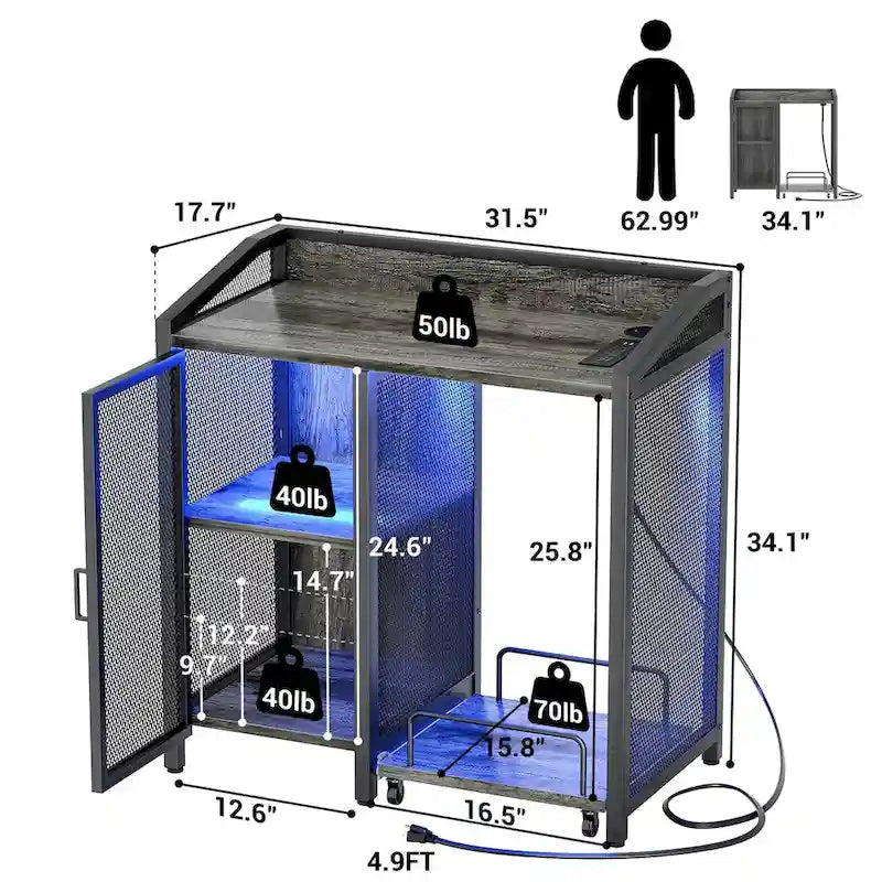 Meuble de rangement chêne gris / marron / noir avec prise électrique et ports USB, pour 1 personne
