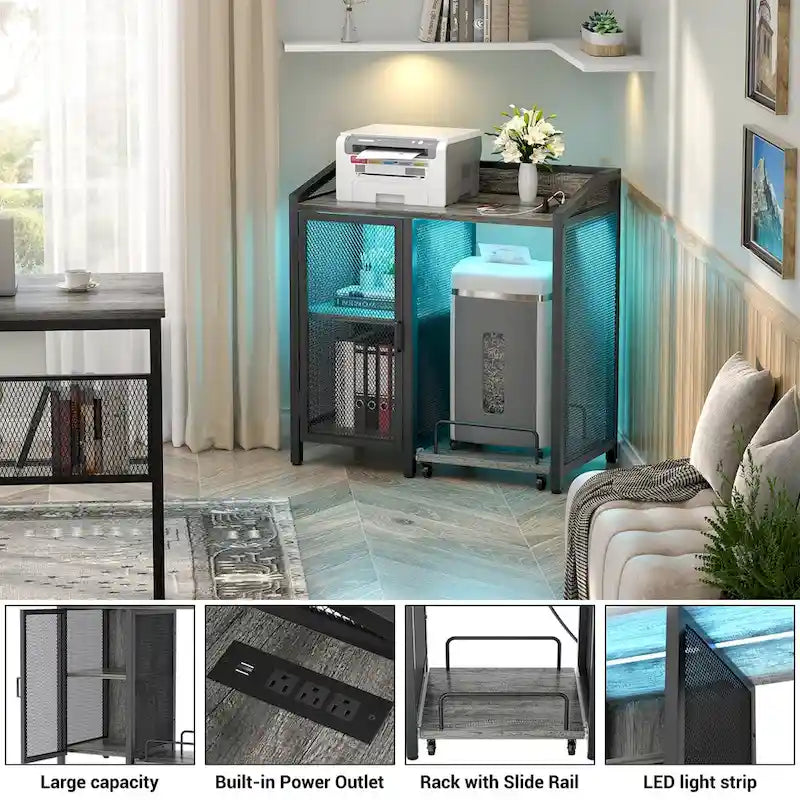 Meuble de rangement chêne gris / marron / noir avec prise électrique et ports USB, pour 1 personne