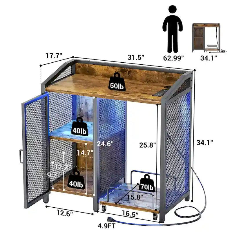 Meuble de rangement chêne gris / marron / noir avec prise électrique et ports USB, pour 1 personne