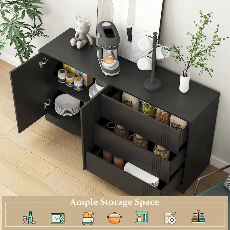 Bahut buffet moderne noir avec 3 tiroirs et 2 portes