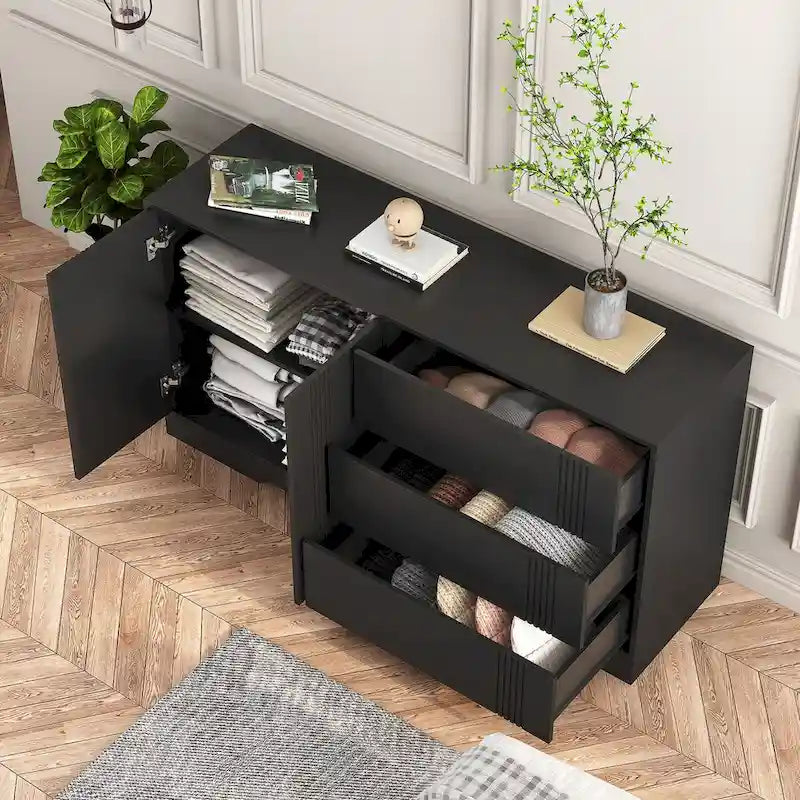 Bahut buffet moderne noir avec 3 tiroirs et 2 portes