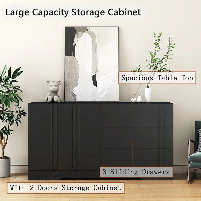 Bahut buffet moderne noir avec 3 tiroirs et 2 portes