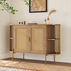 Buffet 2 portes incurvé, Naturel/Bleu, Rotin et finitions Dorées, 1 unité