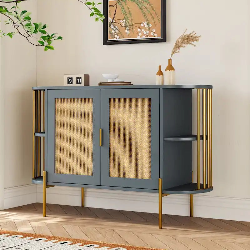 Buffet 2 portes incurvé, Naturel/Bleu, Rotin et finitions Dorées, 1 unité