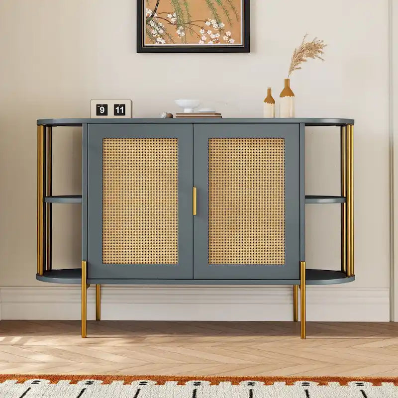 Buffet 2 portes incurvé, Naturel/Bleu, Rotin et finitions Dorées, 1 unité