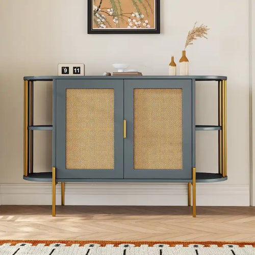 Buffet 2 portes incurvé, Naturel/Bleu, Rotin et finitions Dorées, 1 unité