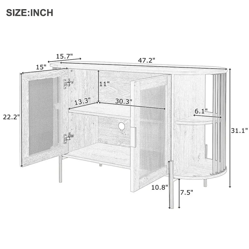 Buffet 2 portes incurvé, Naturel/Bleu, Rotin et finitions Dorées, 1 unité