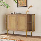 Buffet 2 portes incurvé, Naturel/Bleu, Rotin et finitions Dorées, 1 unité