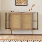 Buffet 2 portes incurvé, Naturel/Bleu, Rotin et finitions Dorées, 1 unité
