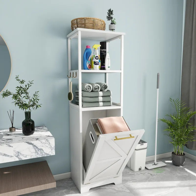 Meuble de salle de bain 3 tiroirs basculants pour linge sale avec crochets, blanc/noir, 2 compartiments