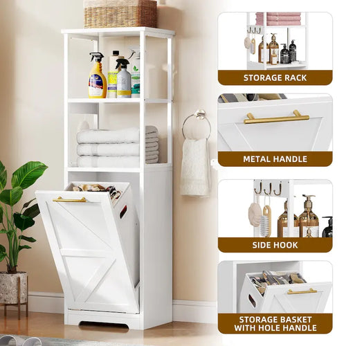 Meuble de salle de bain 3 tiroirs basculants pour linge sale avec crochets, blanc/noir, 2 compartiments