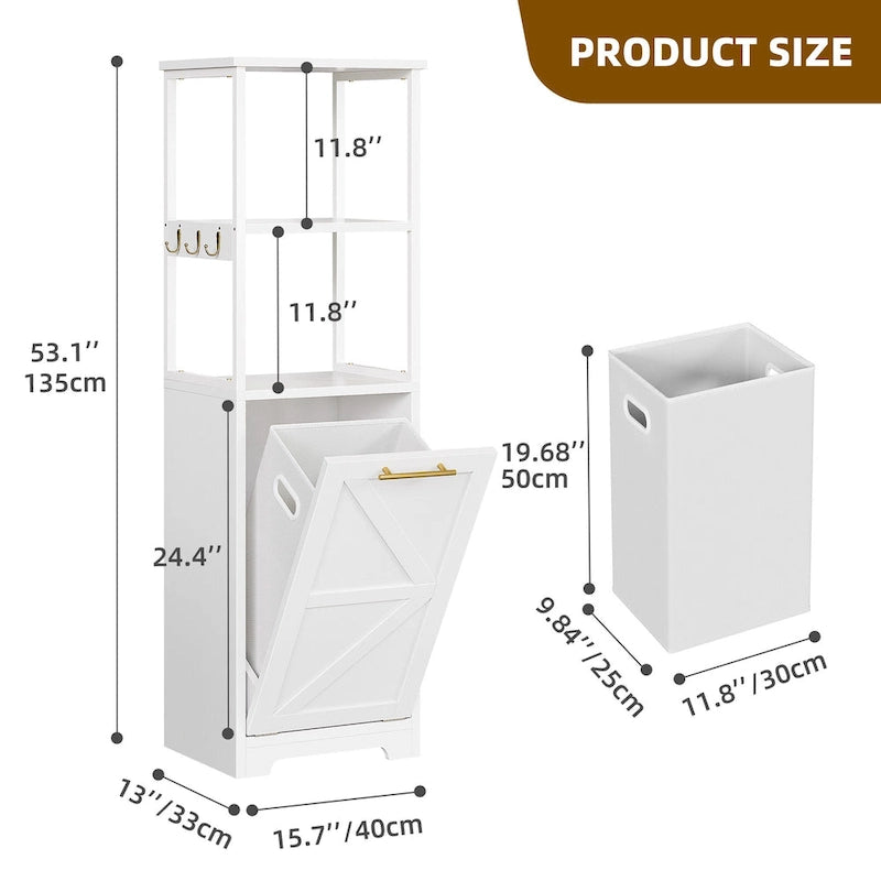Meuble de salle de bain 3 tiroirs basculants pour linge sale avec crochets, blanc/noir, 2 compartiments