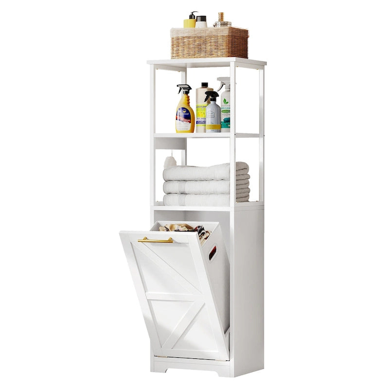 Meuble de salle de bain 3 tiroirs basculants pour linge sale avec crochets, blanc/noir, 2 compartiments
