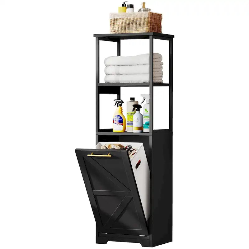 Meuble de salle de bain 3 tiroirs basculants pour linge sale avec crochets, blanc/noir, 2 compartiments