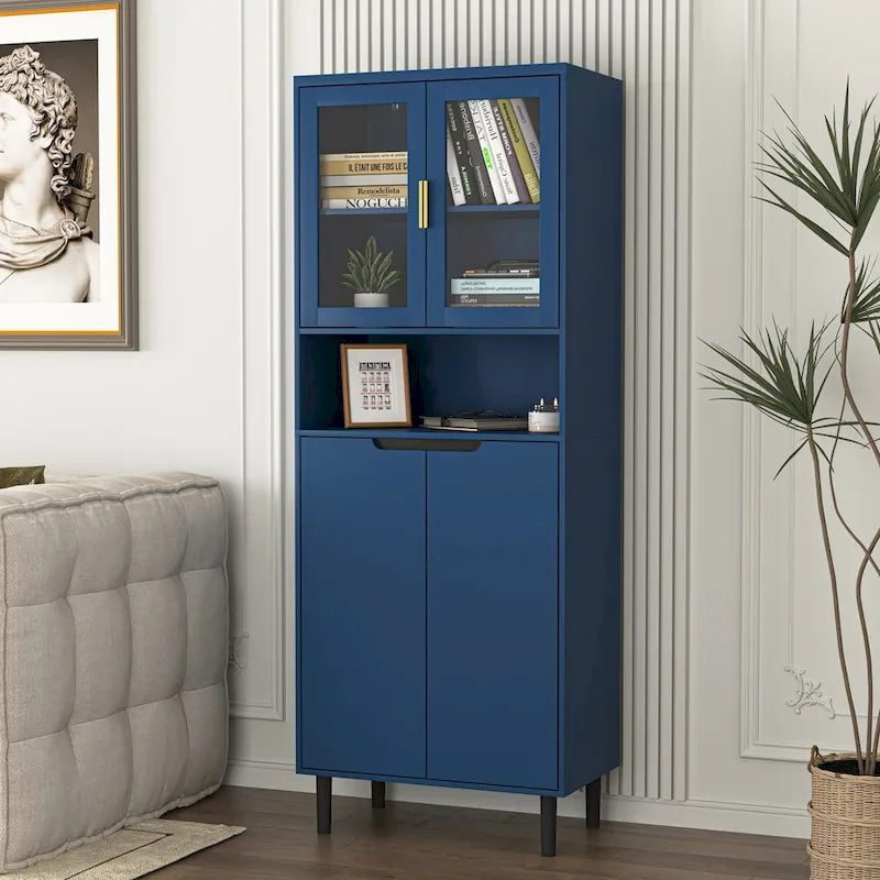 Armoire haute de rangement avec portes vitrées - 2 portes - Vert / Blanc / Bleu