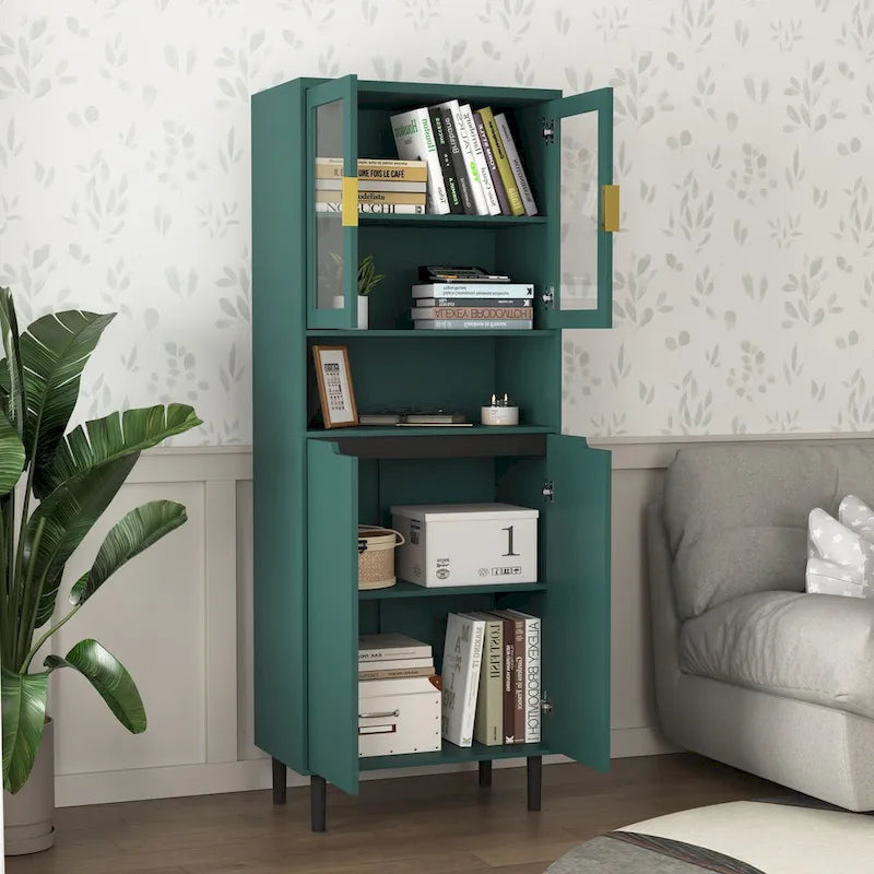 Armoire haute de rangement avec portes vitrées - 2 portes - Vert / Blanc / Bleu