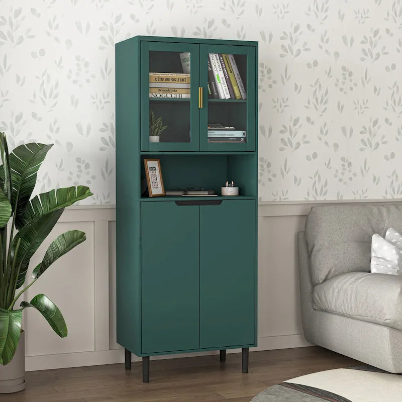 Armoire haute de rangement avec portes vitrées - 2 portes - Vert / Blanc / Bleu