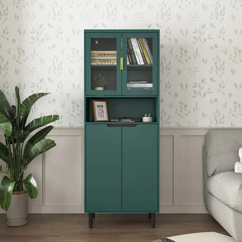 Armoire haute de rangement avec portes vitrées - 2 portes - Vert / Blanc / Bleu