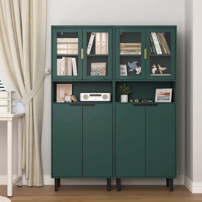 Armoire haute de rangement avec portes vitrées - 2 portes - Vert / Blanc / Bleu